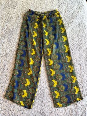 H&M | Sheer Paisley Drawstring Wide-Leg Pants - Yellow, Blue & Green